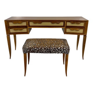 Italian Walnut and Galuchat Vanity with Stool in the style of Gio Ponti, 1940s, Set of 2 For Sale
