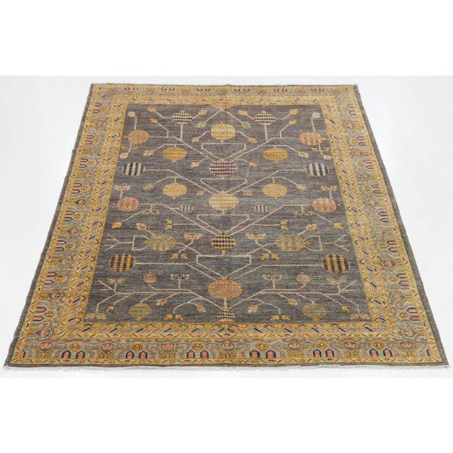 Modern Khotan Style Rug Hand-Knotted Wool Pomegranate Design in Charcoal & Ochre For Sale In New York - Image 6 of 11