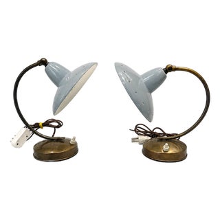 Vintage Italian Brass and Powder Blue Aluminum Table Lamps from Stilnovo, 1950s, Set of 2 For Sale