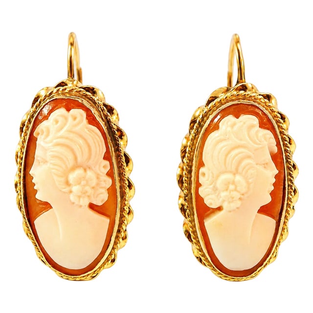 Late 19th Century 14K Yellow Gold Shell Cameo Drop Antique Estate Earrings, Pair For Sale