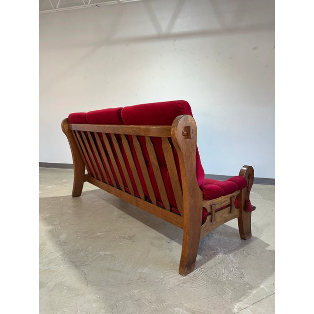 1970s 1970’s Vintage French Brutalist Oak and Red Velvet Sofa For Sale - Image 5 of 12