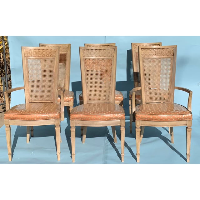 Georgian style cane backed dining chairs, set of 6. Including 4 arm chairs and 2 side chairs. Upholstered in woven silk...