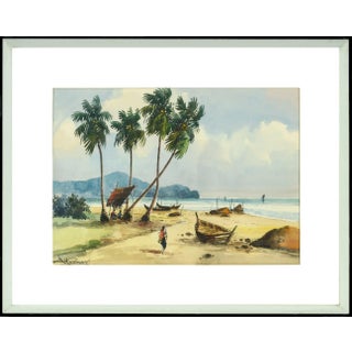 Mid 20th Century "Figures on the Beach" East Java Indonesia Coast Landscape Watercolor Painting by Amang Rahman Jubair, Framed For Sale