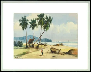 Mid 20th Century "Figures on the Beach" East Java Indonesia Coast Landscape Watercolor Painting by Amang Rahman Jubair, Framed