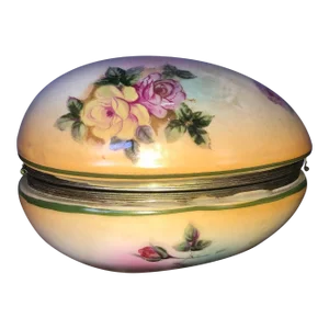 Early 20th Century Vintage Hand Painted European Porcelain Egg Form Trinket Box