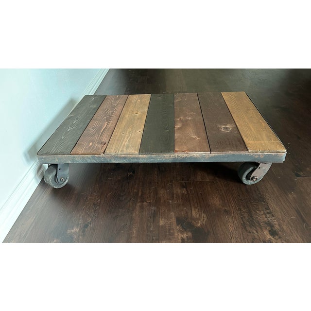 VTG Industrial Factory Cart Coffee Table, Wood Top and Metal Casters For Sale - Image 9 of 10