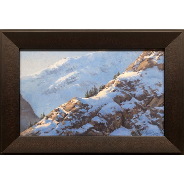 Realism Afternoon Sunlight by Rob Alexander | Oil on wood panel Snowy mountains with evergreen trees. For Sale - Image 3 of 3
