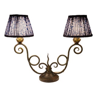 Antique French Polychrome Wrought Iron 2-Arm Table Lamp, 1920s For Sale
