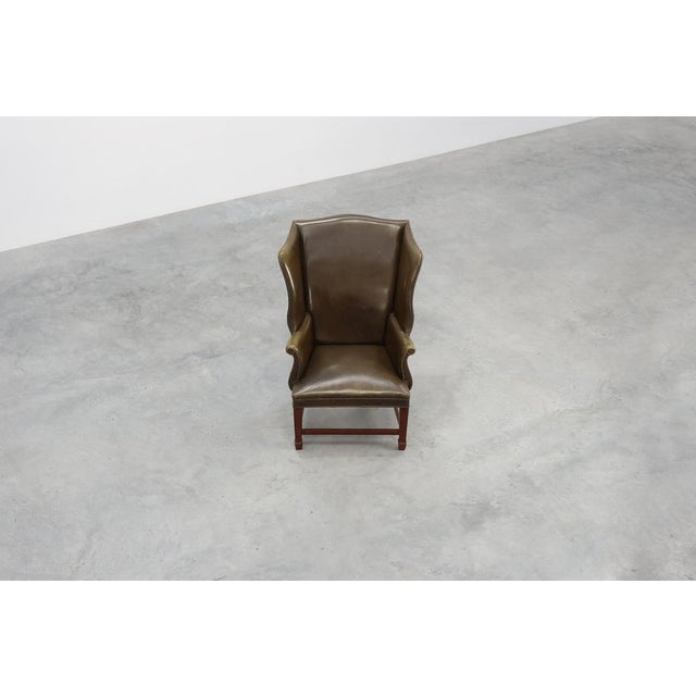 Mid-Century Modern Wing Back Chair in Green Leather, 1980s For Sale - Image 12 of 15