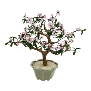Vintage 1970s Pink Glass Bonsai Tree Statue With Celadon Potted Base