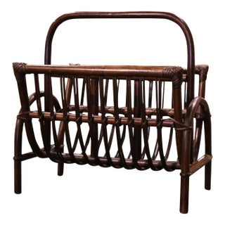 Mid-Century French Bendwood Bamboo and Palm Rattan Magazine Rack For Sale