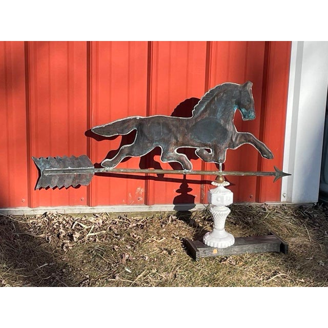 Early 20th Century Copper Horse Weathervane With Copper Ball and Milk Glass & Wood Stand For Sale - Image 9 of 14
