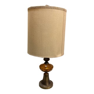 Vintage Brass and Amber Glass Large Table Lamp For Sale