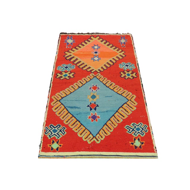 1950s Vintage Moroccan Runner Rug, Red With Orange and Blue Medallions - Rug & Kilim For Sale - Image 5 of 8