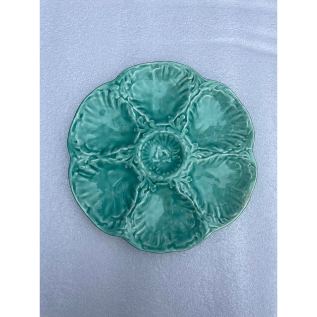 1940s French Gien Turquoise Majolica Oyster Plate For Sale - Image 9 of 14