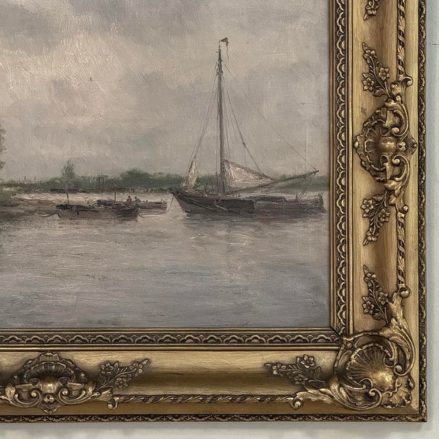 19th Century Belgian Oil on Canvas Painting of Riverboats by Romain Steppe in Original Gilt Frame For Sale - Image 10 of 16