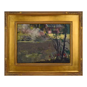 Vintage American Impressionist Rustic Fall Landscape Painting of a Cabin on a Lake by Harry Barton