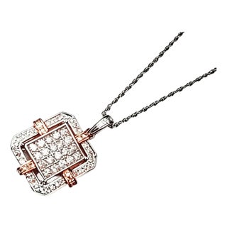 Late 20th Century 14K Pink Rose White Gold Pave Diamond Pendant Necklace For Sale