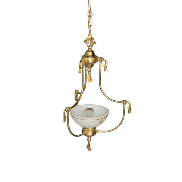 Metal Antique Victorian Brass Pendant Light with Opaline Glass Dome and Gold Tassels, England, 1920 For Sale - Image 7 of 7