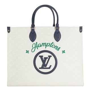 Blue Beige Jacquard Embroidered Tufted Monogram Hamptons Onthego G For Sale