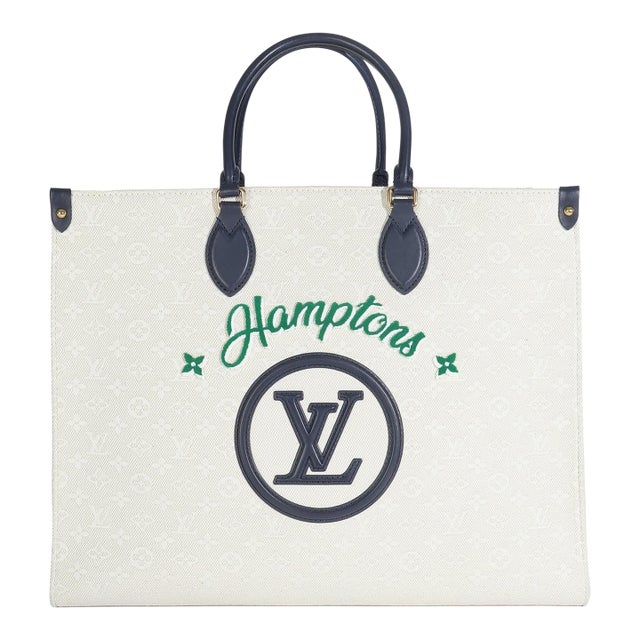 Blue Beige Jacquard Embroidered Tufted Monogram Hamptons Onthego G For Sale