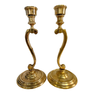 Mid 20th Century Solid Brass Art Nouveau Style Candlestick Holders - A Pair
