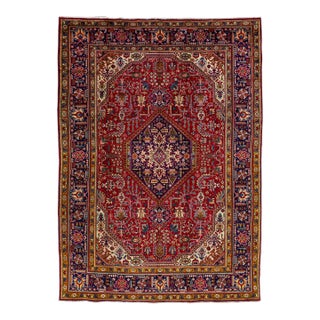 Handmade Persian Tabriz Wool Rug in Red With Medallion Motif For Sale
