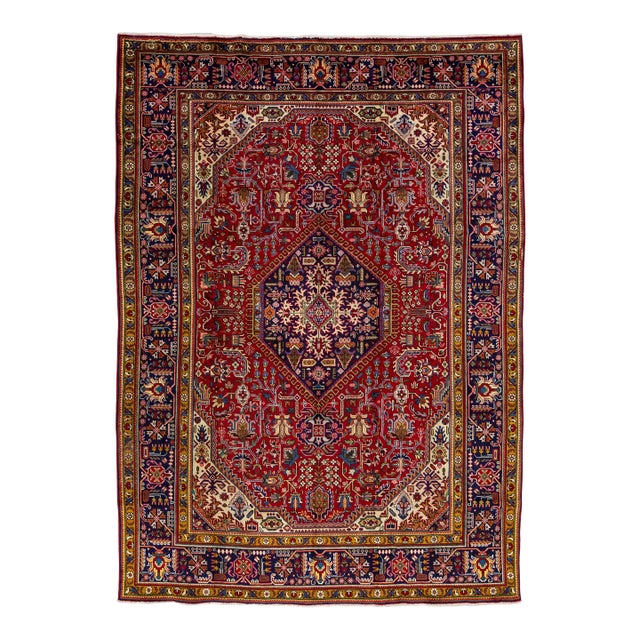 Handmade Persian Tabriz Wool Rug in Red With Medallion Motif For Sale