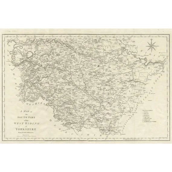 Large Antique County Map of the West Riding of Yorkshire South Part, England, 1805 For Sale