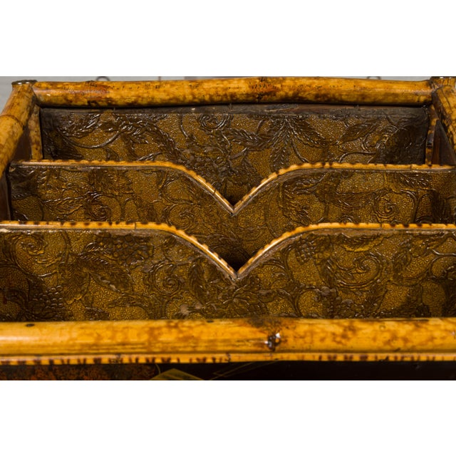 Brown English 1900s Bamboo Leather Canterbury Magazine Rack with Chinoiserie Motifs For Sale - Image 8 of 12