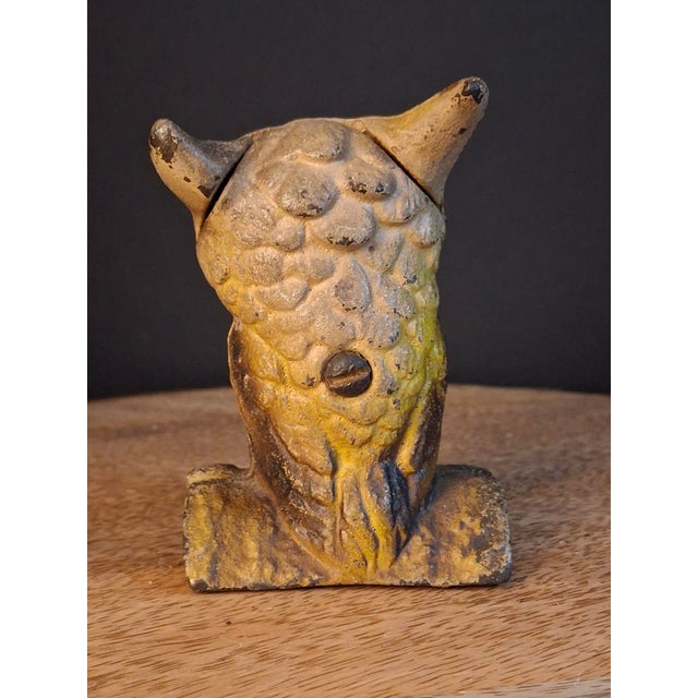 Vintage Cast Iron Owl on Stump Still Bank Gold Finish 3.7" Moore Pg 90 #599 For Sale - Image 13 of 18