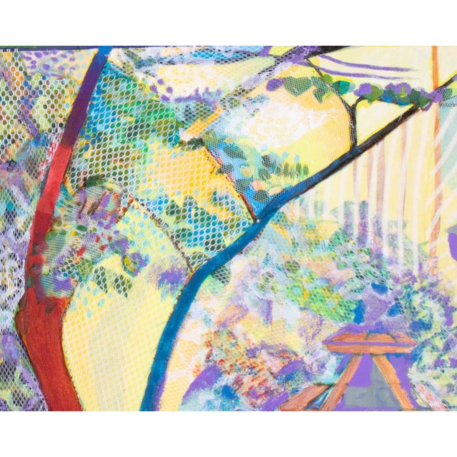 A mixed media painting and collage on board by the American artist Ellen Sieber. This painting depicts a backyard as seen...