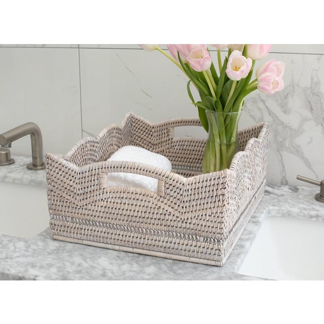 Boho Chic Artifacts Rattan Scallop Collection Shelf Basket in White Wash - 14" For Sale - Image 3 of 9