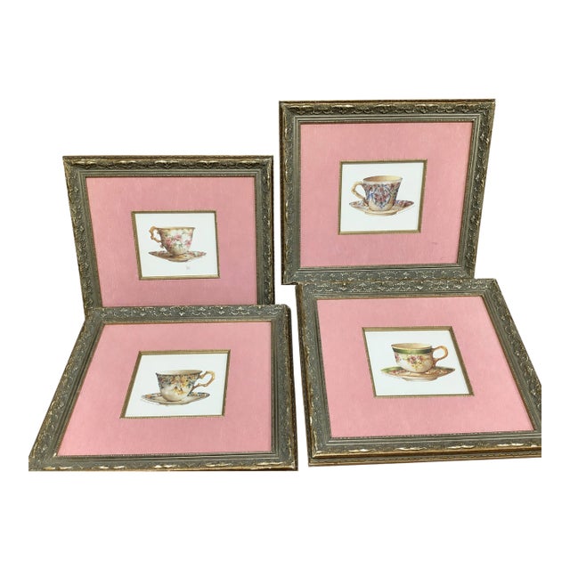 Set of Four English Country Floral Teacup Signed Prints in Decorative Gilt Frames With Hollywood Provenance For Sale