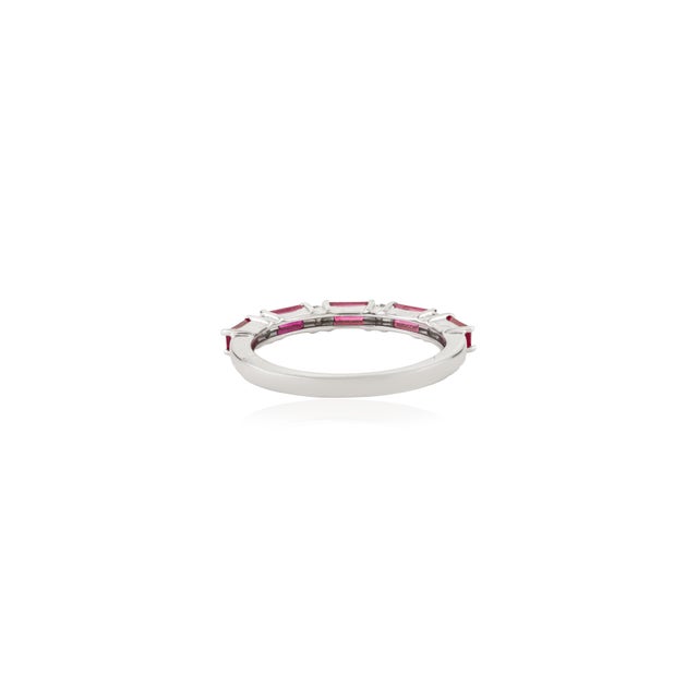 Metal 14k White Gold Minimal Baguette Ruby & Diamond Stackable Half Eternity Ring in Size 5.5 For Sale - Image 7 of 14