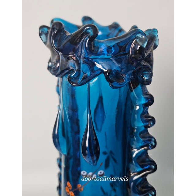 Glass Auguste Jean Antique Blue Footed Vase Art Nouveau Enamel Paint Berries Tall 12" For Sale - Image 7 of 17