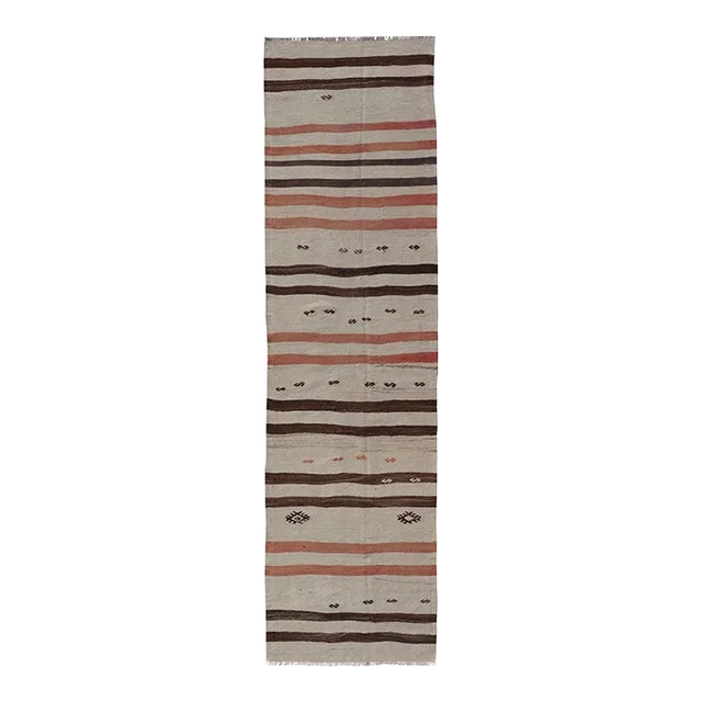 Mid 20th Century Vintage Turkish Kilim Runner With Stripes in Cream Brown & Soft Coral Color For Sale