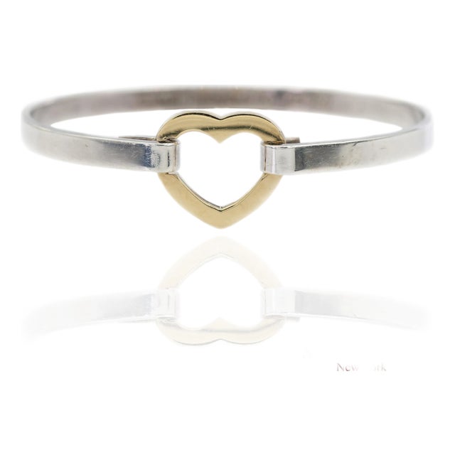 18k(750) Yellow Gold and Tiffany & Co 925 Sterling Silver Heart Bangle Bracelet For Sale