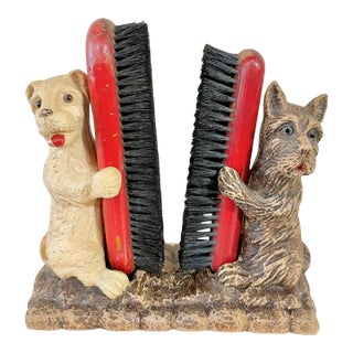 Vintage Carved Wood Scotty Dog Shoe Clothing Brush Stand For Sale