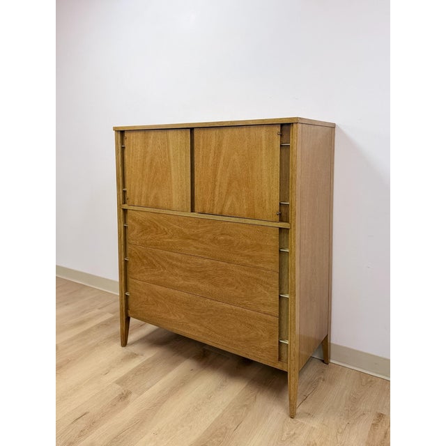 Mid-Century Modern Mid Century Tallboy Dresser MCM Five Drawer Brass Accent Warm Gray Tone Wood For Sale - Image 3 of 14