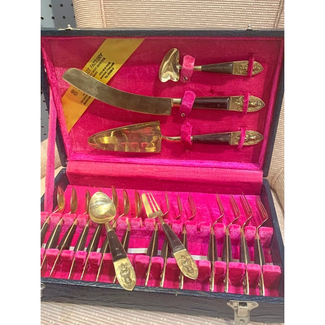 Mid-century brass bronze dessert set with server, knife and spoon. 8 dessert forks and 8 spoons. Minimal wear on flatware....