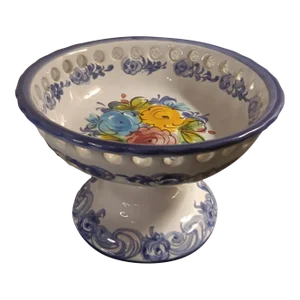 1970s Vestal Handpainted Reticulated Pedestal Bowl, Made in Portugal