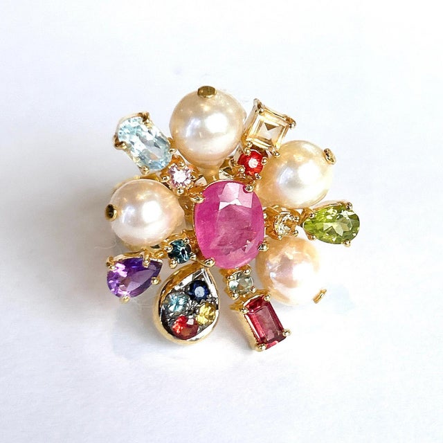 Not Yet Made - Made To Order Bochic “Orient” StarBurst Multi Gem & Pearl Cocktail Ring Set 18K Gold & Silver, Size 7.5 For Sale - Image 5 of 5