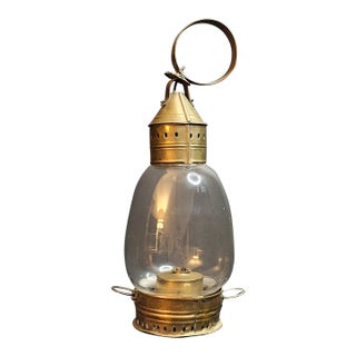 Antique 1840s Brass Whale Oil Lantern Fixed Globe Pear Shape Glass For Sale