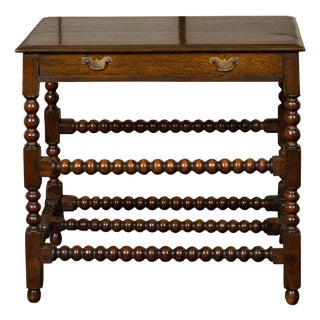 English 19th Century Oak Bobbin Leg Table with Single Drawer and Cross Stretcher For Sale