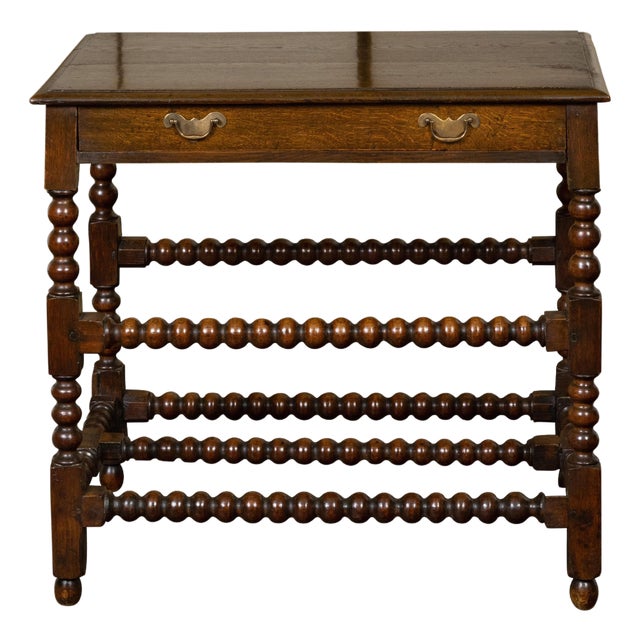 English 19th Century Oak Bobbin Leg Table with Single Drawer and Cross Stretcher For Sale