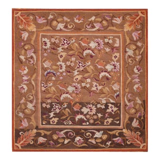 1830s Brown Floral Antique French Aubusson Rug 5'3"x 5'4" Louis Philippe - Period Flatweave Wool Carpet For Sale
