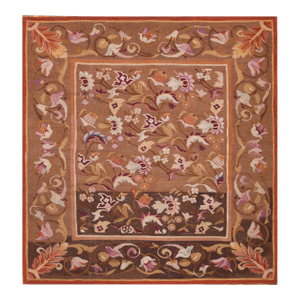 1830s Brown Floral Antique French Aubusson Rug 5'3"x 5'4" Louis Philippe - Period Flatweave Wool Carpet