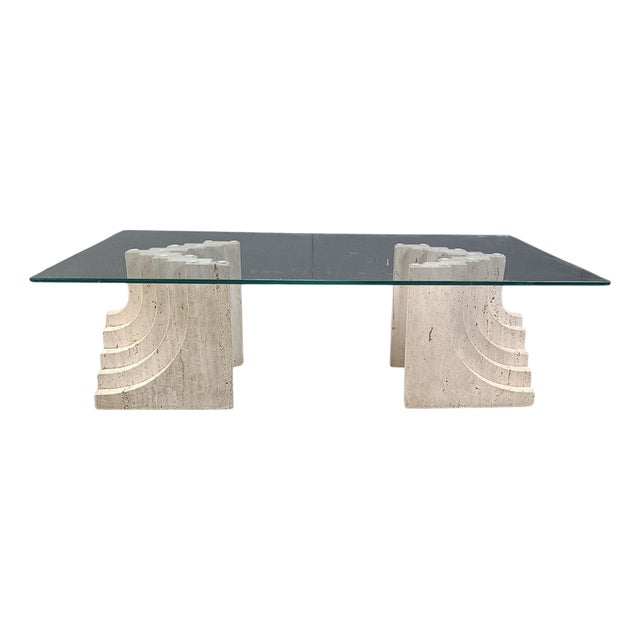 Vintage Travertine Coffee Table with Glass by Carlo Scarpa, 1970s For Sale