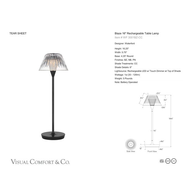 Waterford by Visual Comfort Signature Blaze 16" Rechargeable Table Lamp in Bronze with Clear Crystal Designer: Waterford...